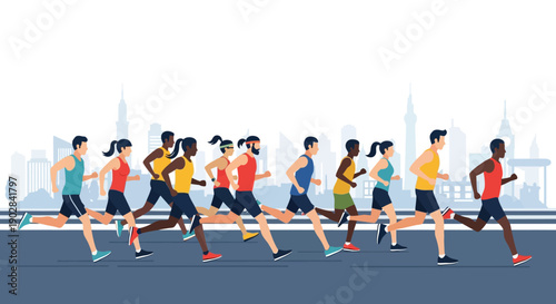 Energetic group of diverse runners in urban marathon race