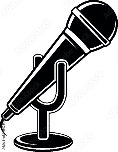 Black and white illustration of a microphone on a stand