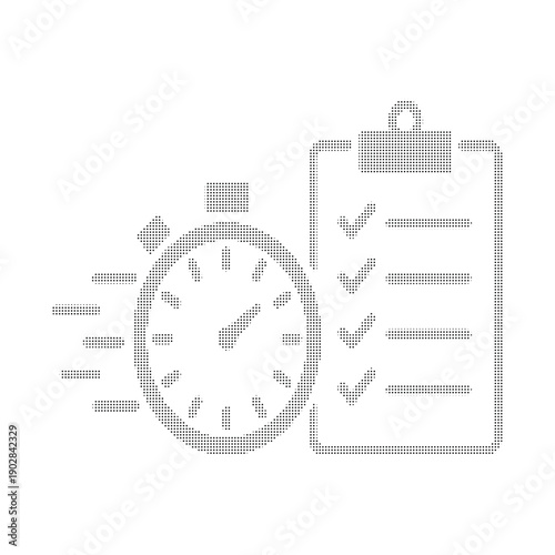 Monochrome dotted stopwatch and checklist clipboard with speed lines black white dots
