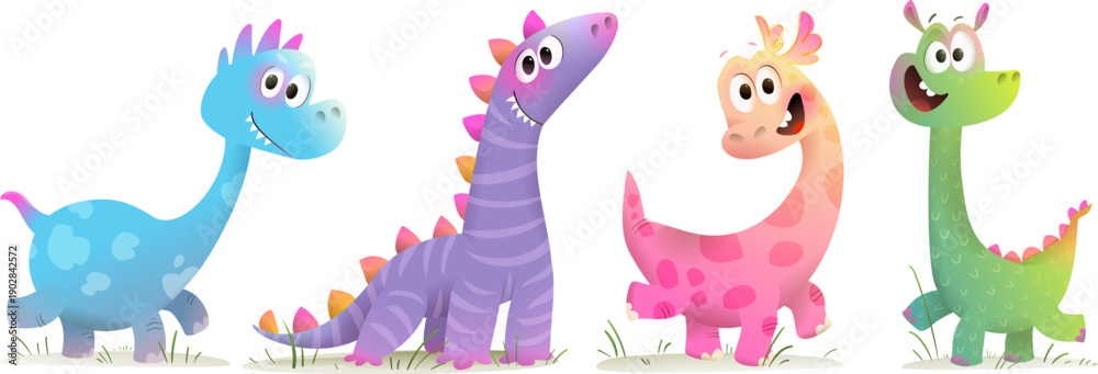 Fototapeta premium Cute imaginary dinosaurs characters for children. Funny brightly colored fantasy dinosaurs cartoons for little kids. Cute vector dino characters clip art cartoon for children and kids.