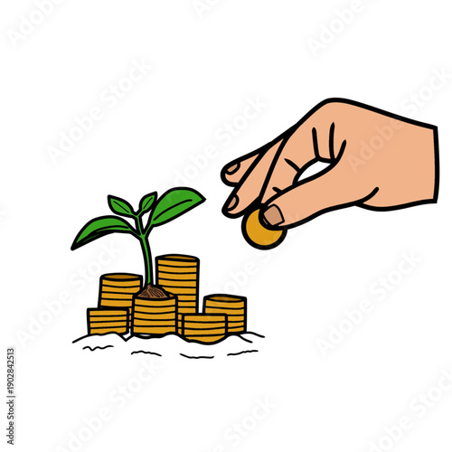 A hand is placing a coin onto a stack of coins with a plant growing on it.