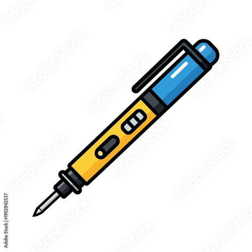 Blue and yellow soldering iron pen, isolated on white background, cartoon style
