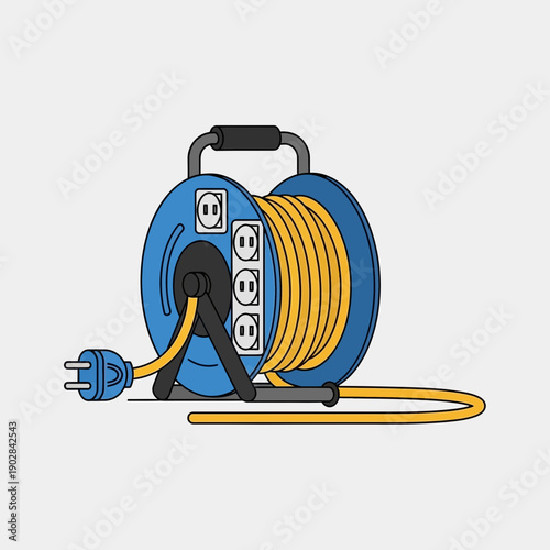Blue electric extension cord reel with yellow cable and plug