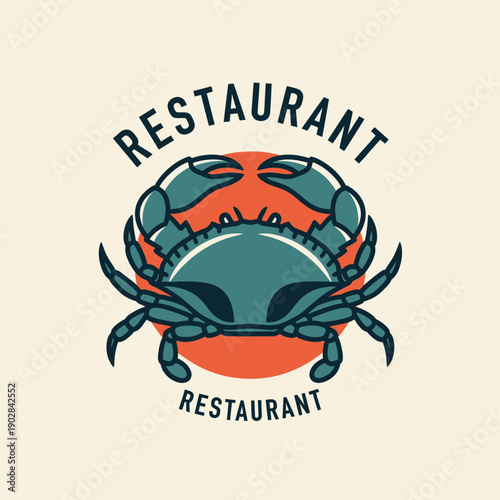 Blue Crab Restaurant Logo with Orange Circle Background.