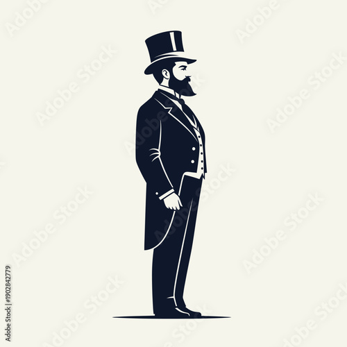 Elegant Gentleman in Top Hat and Tailcoat Standing Profile View.