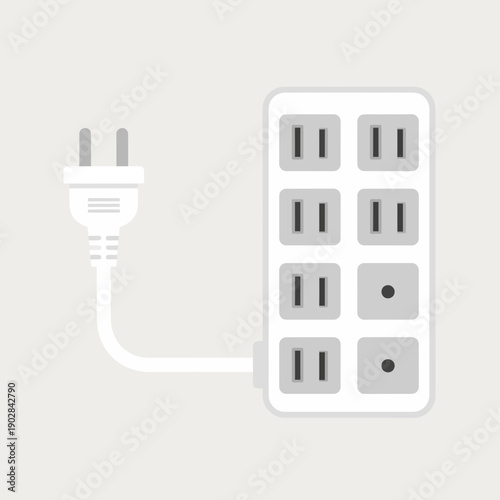 White electrical extension cord with multiple sockets and plug on light gray background