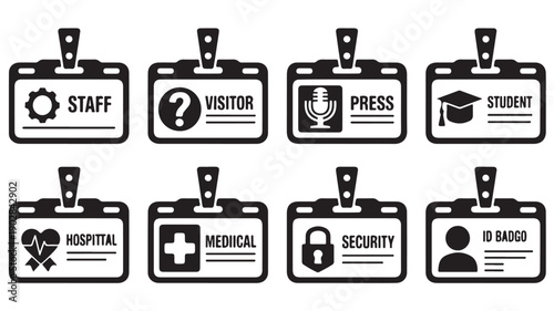 A collection of eight distinct black and white icons representing various identification badges, including staff, visitor, press, student, hospital, medical, security, and ID badge