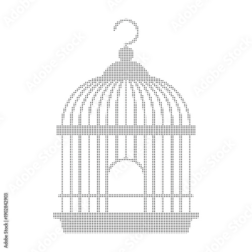 Black and white dotted birdcage with arched entrance and hook on