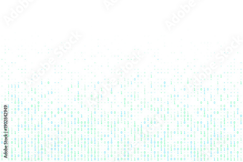 Abstract binary code background with falling blue and green digits on white backdrop for technology and data concepts