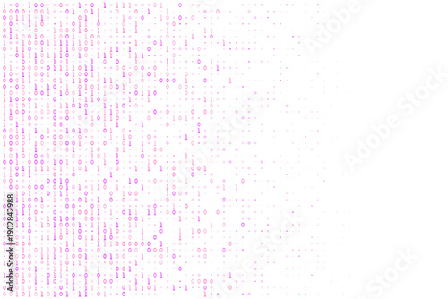 Abstract digital background with purple binary code numbers zero and one on white background representing data stream computer programming and information technology.