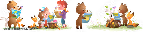 Forest animals with children reading a fairy tale storybook in a forest. Bear and kids reading a book to fox, bunny and a mouse. Cartoon vector characters illustrations for kids and children education