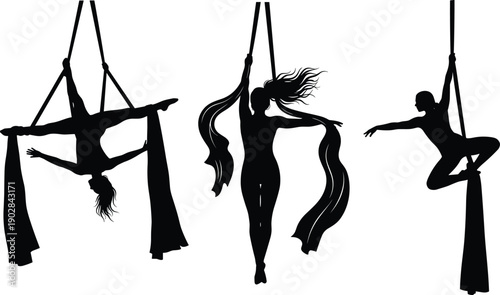 Aerial silk dancers silhouette set, acrobatic women performing aerial yoga and circus poses isolated on white background for fitness, art, performance, and creative design projects