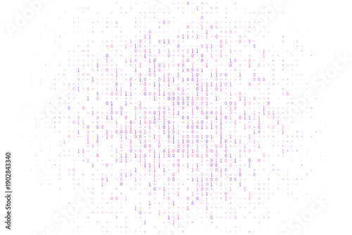Abstract digital background with purple and pink binary code zeros and ones on white, representing big data, computer programming, and information technology concepts.