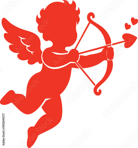 Cupid silhouette with bow and arrow shooting hearts, red love angel icon for Valentine’s Day, romance and wedding themes, dating ads, greeting cards, stickers, flat vector style element