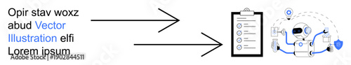 AI automation, task management, workflow processing, data integration, robotics, software systems. A robot connected to a checklist and data processing flowchart. AI automation and task management