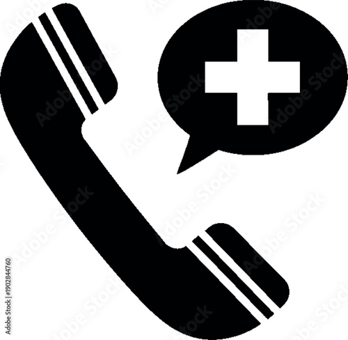 Black telephone icon with medical cross symbol in speech bubble for healthcare or emergency service concepts