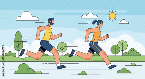 Dynamic Young Men Running in Nature Scene for Fitness and Exercise