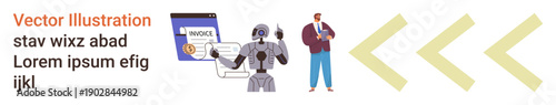 Artificial intelligence, identity verification, automation, data security, future workforce, technology concepts. Robot working with document, human figure nearby and arrows progress. AI integration
