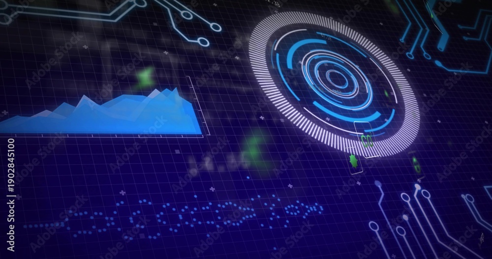 Fototapeta premium Showing neon-blue HUD radar rotating on navy grid plane, with chart, circuit lines, copy space