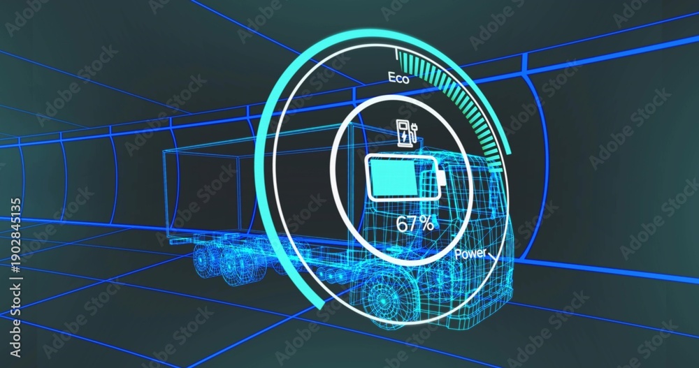 Fototapeta premium Displaying wireframe semi-truck and trailer moving in virtual tunnel, with HUD showing Eco pump 67%
