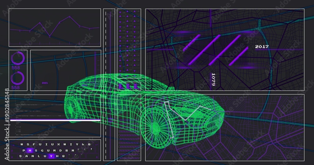 Obraz premium Displaying neon-green wireframe 3D car model overlaying map pane with purple highlight bars, graphs