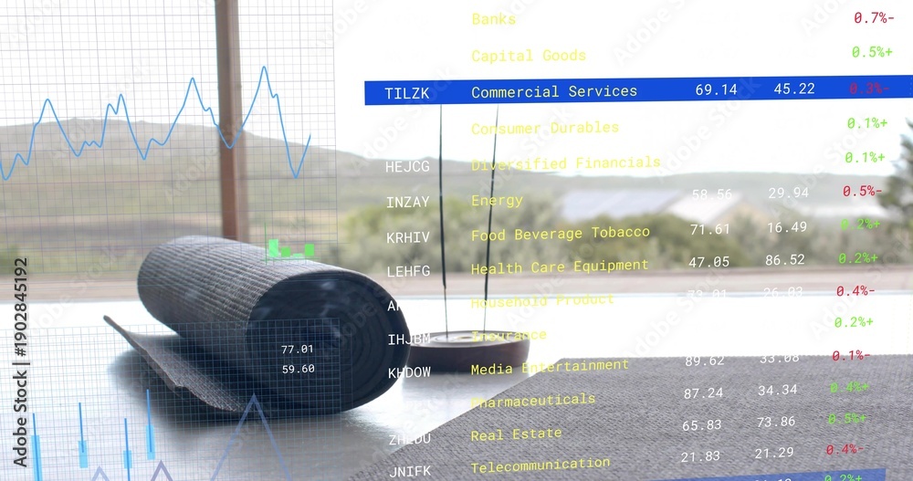Fototapeta premium Resting rolled gray yoga mat near window in sunlit room, with strap, round speaker, market charts