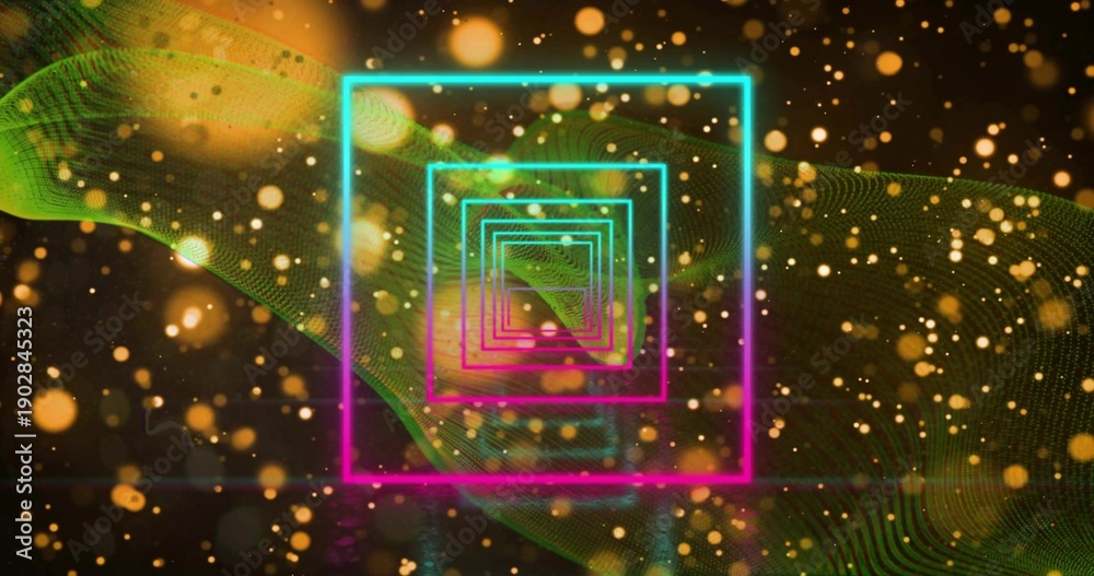 Fototapeta premium Glowing neon square frames receding into abstract tunnel, with golden particles and green mesh