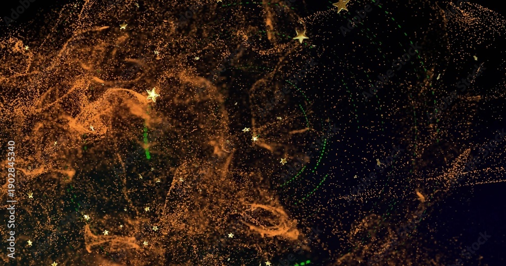 Fototapeta premium Swirling golden particle cloud with tiny glowing specks and metallic stars drifting in cosmic scene