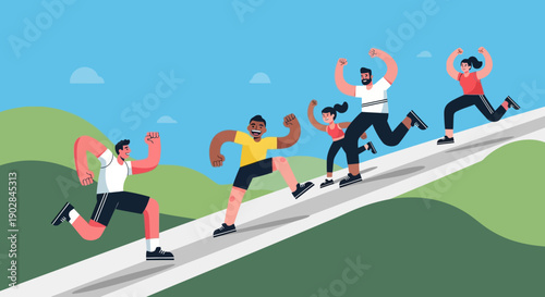 Energetic Group Running Up Hill in Outdoor Landscape