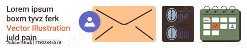 Communication, email services, scheduling, medical imaging, personal identity, organization. An envelope with a user icon, a brain scan and a calendar. Communication and email services concept