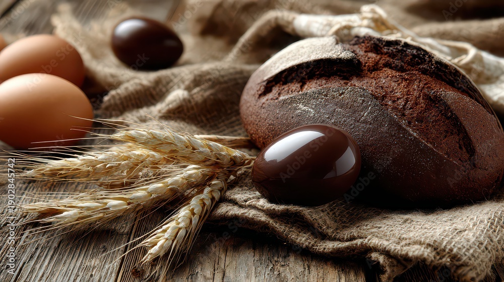 custom made wallpaper toronto digitalRustic Still Life with Dark Bread Brown Eggs and Golden Wheat on Burlap Fabric Over Distressed Wooden Surface Under Soft Natural Lighting