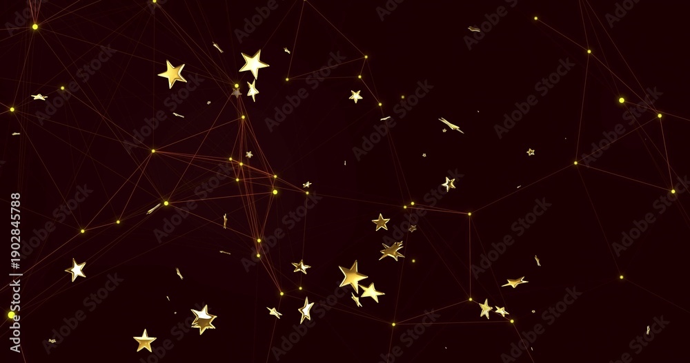 Fototapeta premium Gleaming center cluster of gold 5-pointed stars and glowing nodes forming mesh on burgundy backdrop