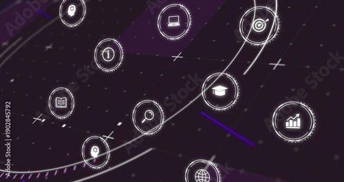Connecting glowing UI icons floating across dark purple screen, showing search and laptop icons