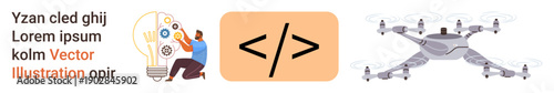 Innovation, creativity, coding, quadcopter technology, teamwork, development. A person brainstorming idea with gear symbols, HTML code and a Quadcopter. Innovation and creativity concept