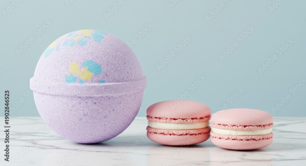 Fototapeta premium Lavender Bath Bomb and Pink Macarons