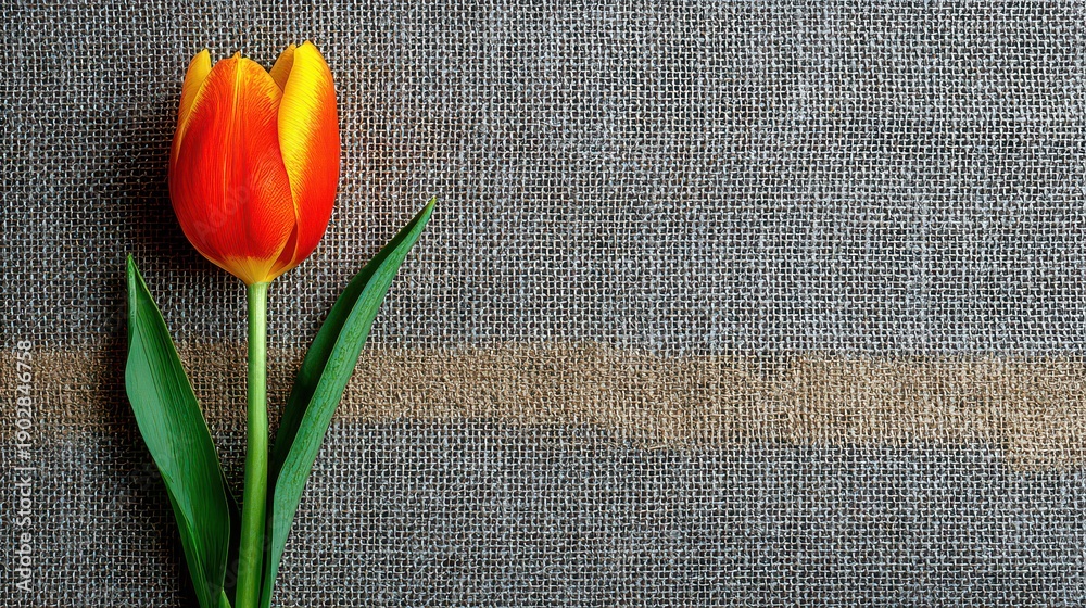 custom made wallpaper toronto digitalSingle Wet Red and Yellow Tulip Against an Abstract Dark Brown Textured Background with Green Leaves in Center Left Composed for Copy Space