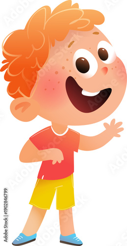 Happy Cartoon Little Boy Child Waving Hello Cheerfully. A playful illustration of redhead smiling boy character greeting. Vector character clip art cartoon for children and kids.