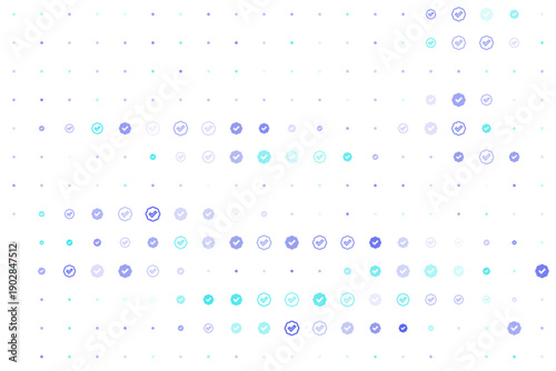 Abstract pattern of blue and teal checkmark icons and dots on a white background representing verification and security in a digital network or data system