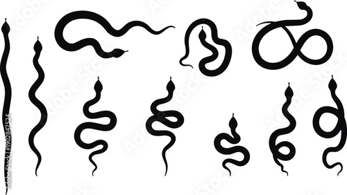 Black snake silhouettes collection flat vector illustration set, reptile shapes, coiled serpent icons, wildlife design, abstract animal graphic art