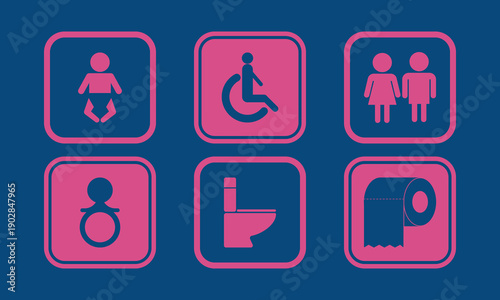 Baby Changing Disabled Women Toilet Paper Restroom WC Square Icons Pink Navy