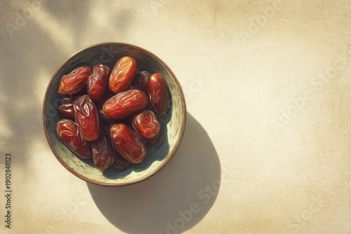 Wallpaper Mural Top View of Brown Dates in Green Ceramic Bowl on Beige Background with Sunlight and Shadows Torontodigital.ca
