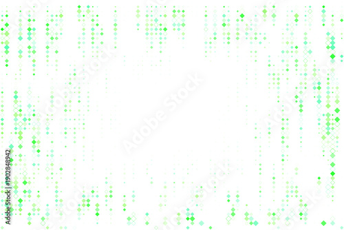 Abstract green and white geometric background with vertical lines of diamond shapes and squares creating a digital matrix pattern
