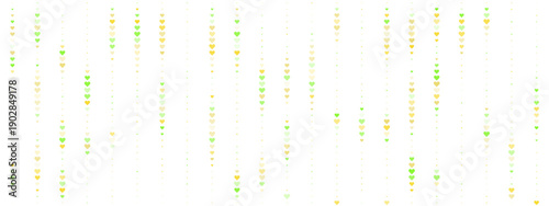 Abstract background with vertical rows of small green and yellow hearts on a white background, romantic pattern for web design and greeting cards