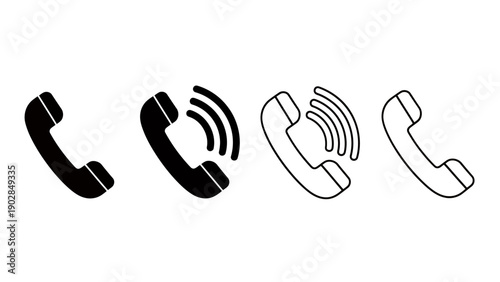Four Telephone Handset Icons: Black Solid and White Outline Illustrations for Communication and Technology.