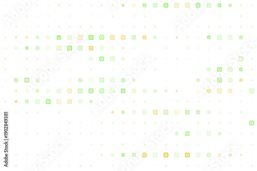Abstract digital background with green and yellow microchip icons on a white grid pattern representing technology and data processing