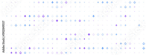 Abstract pattern of small airplane icons in blue and purple colors on a white background for travel and aviation concepts