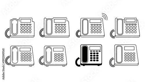 Arrangement of multiple vintage office telephones and landline devices in a grid.