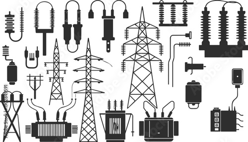 Electrical power transmission towers transformers insulators circuit breakers connectors distribution infrastructure silhouettes illustration energy industry design flat vector
