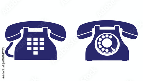 Two blue rotary landline telephones in vintage silhouette style.