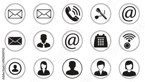Collection of circular user profile avatars and assorted contact icons in a grid.